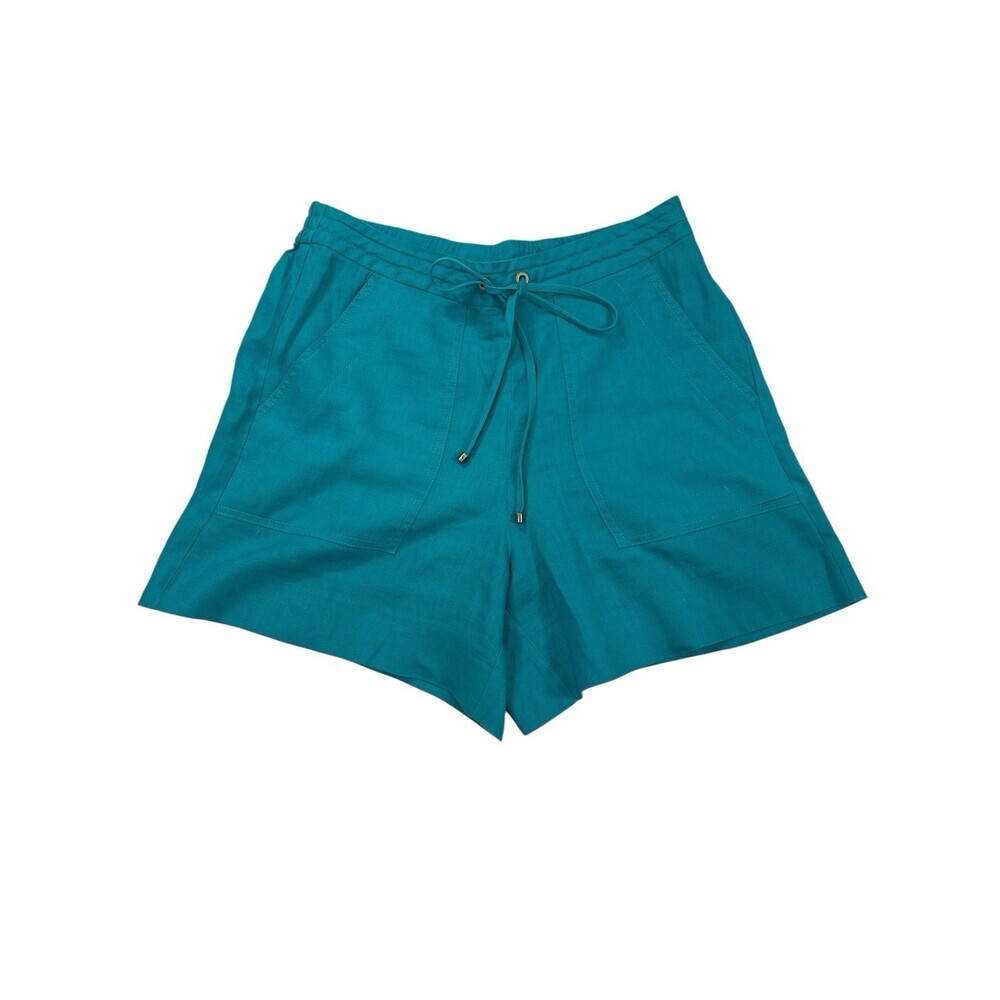 Trina Turk Out Of Office Teal Linen Elastic Waistband Shorts Size Small